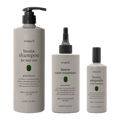 SimplyO biotin hair care set featuring green breeze hair loss shampoo, water treatment, and scalp treatment ampoule on a transparent background.