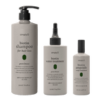 SimplyO biotin hair care set featuring green breeze hair loss shampoo, water treatment, and scalp treatment ampoule on a transparent background.