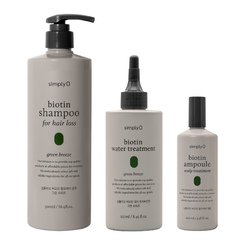 SimplyO biotin hair care set featuring green breeze hair loss shampoo, water treatment, and scalp treatment ampoule on a transparent background.