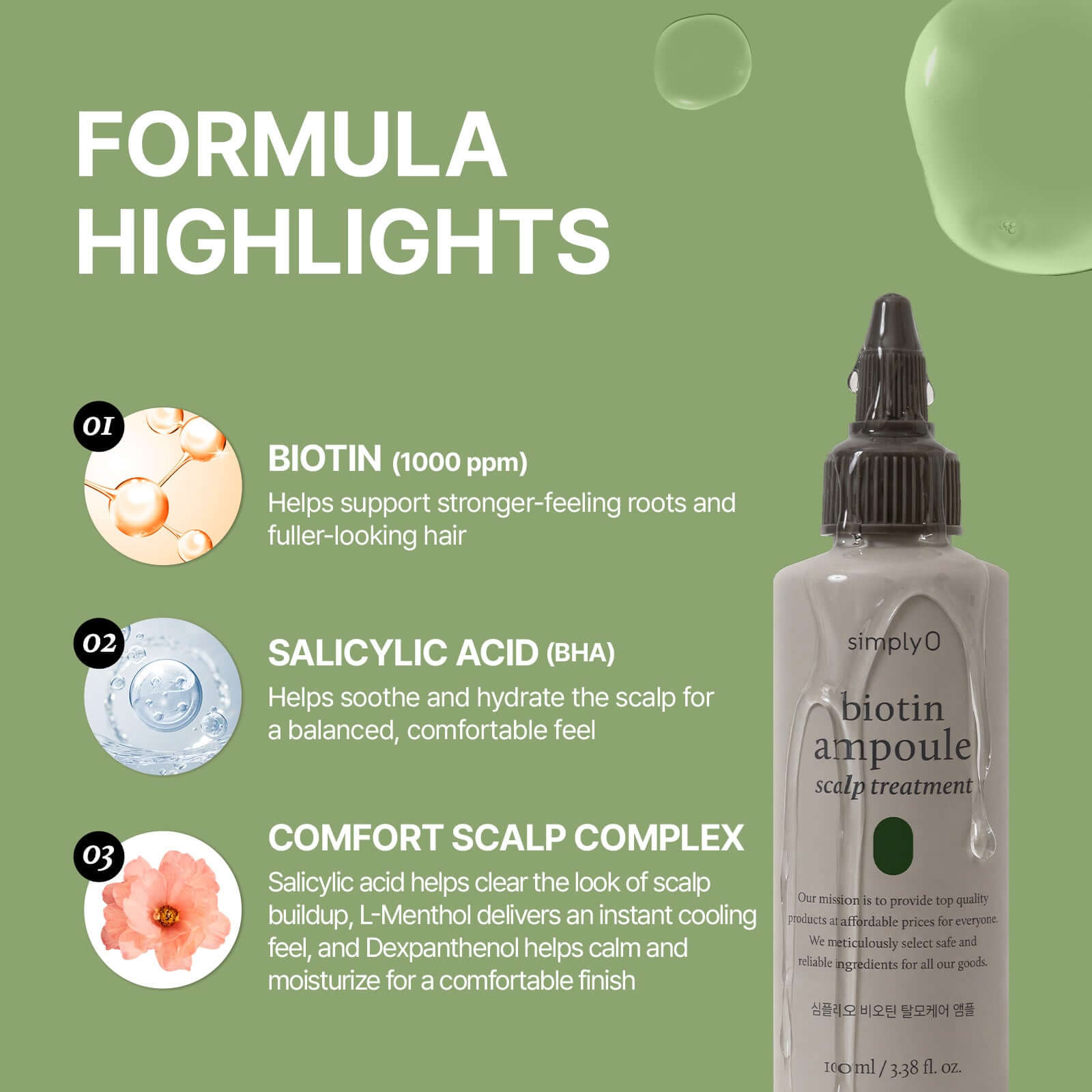 Formula highlights of Biotin Scalp Ampoule for Hair Loss with biotin 1000 ppm and salicylic acid