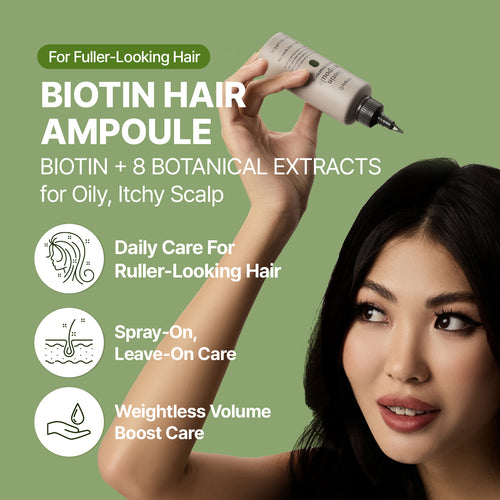 A woman holding SimplyO biotin hair ampoule for oily itchy scalp, highlighting daily care for fuller-looking hair, spray-on leave-on care, and weightless volume boost.
