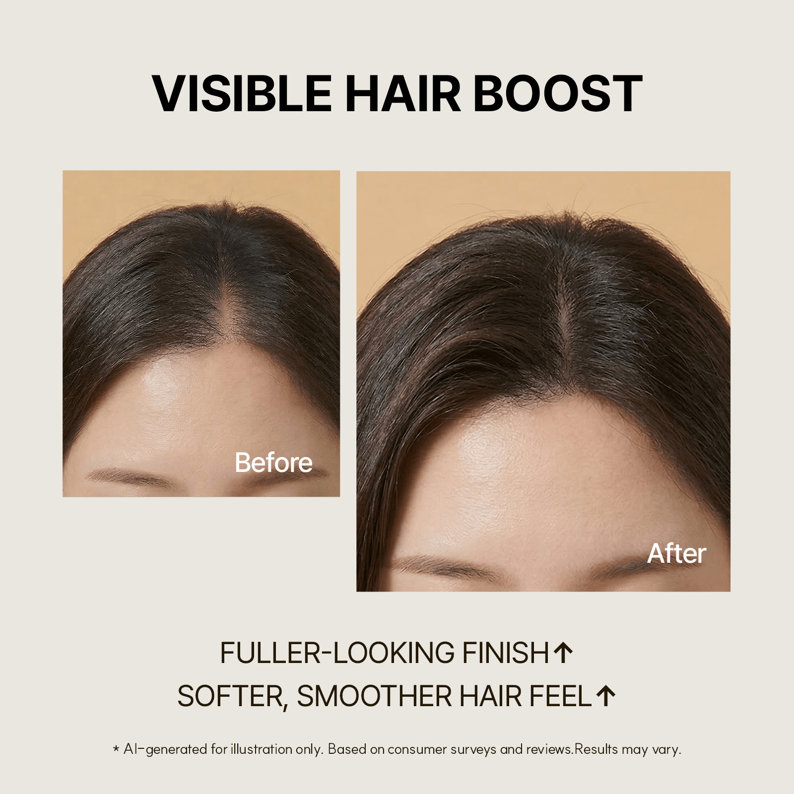 Before and after comparison of hair volume and fullness on a woman's scalp after using SimplyO Biotin Shampoo.
