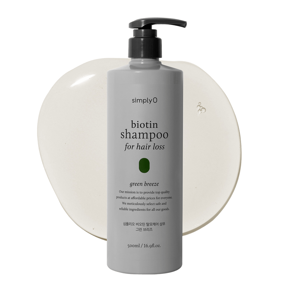SimplyO Biotin Shampoo for Hair Loss in Green Breeze scent, 500ml / 16.9fl.oz. bottle with a clear gel texture swirl behind it.