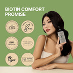 A woman holding SimplyO Biotin Water Treatment with certificates including skin irritation 0.00%, PETA animal test-free, GMP, PCR PET, Vegan, and paper packaging.