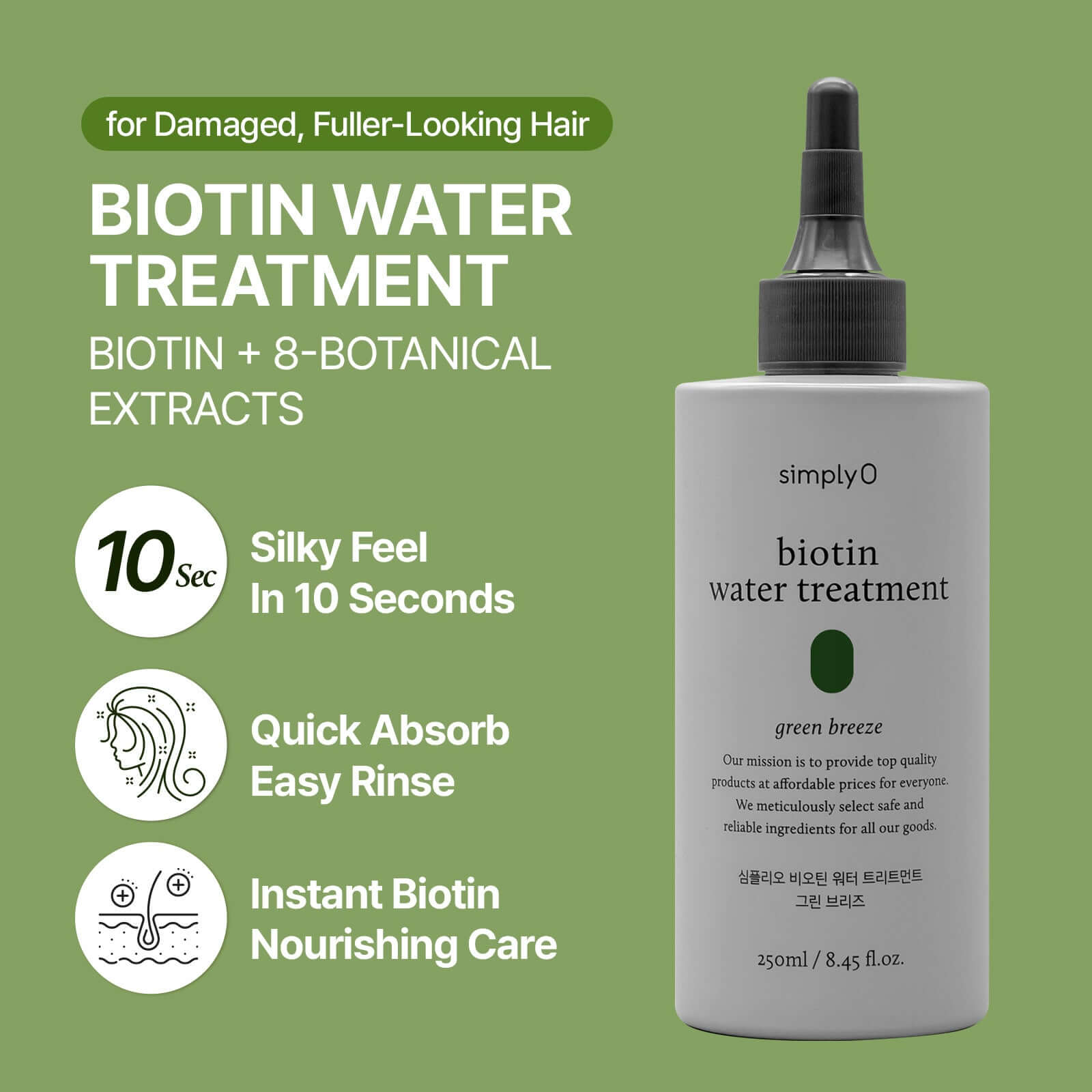 SimplyO Biotin Water Treatment for damaged hair infographic highlighting silky feel in 10 seconds, quick absorb, and instant nourishing care.