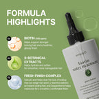 Simplyo Biotin Water Treatment Formula highlights infographic of SimplyO water treatment featuring Biotin 100 ppm, 8-botanical extracts, and fresh finish complex.